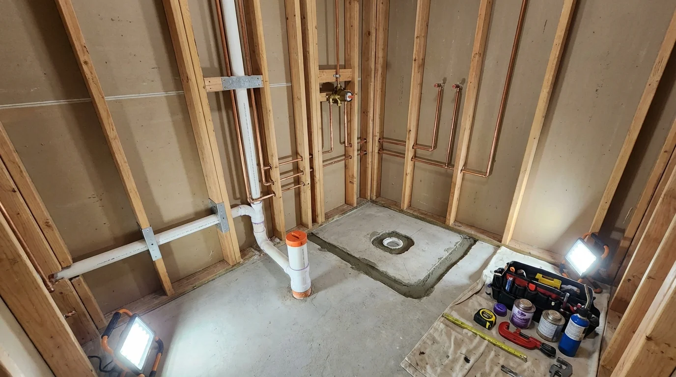 Bathroom rough-in plumbing during remodel by Johns Plumbing LLC in Angola