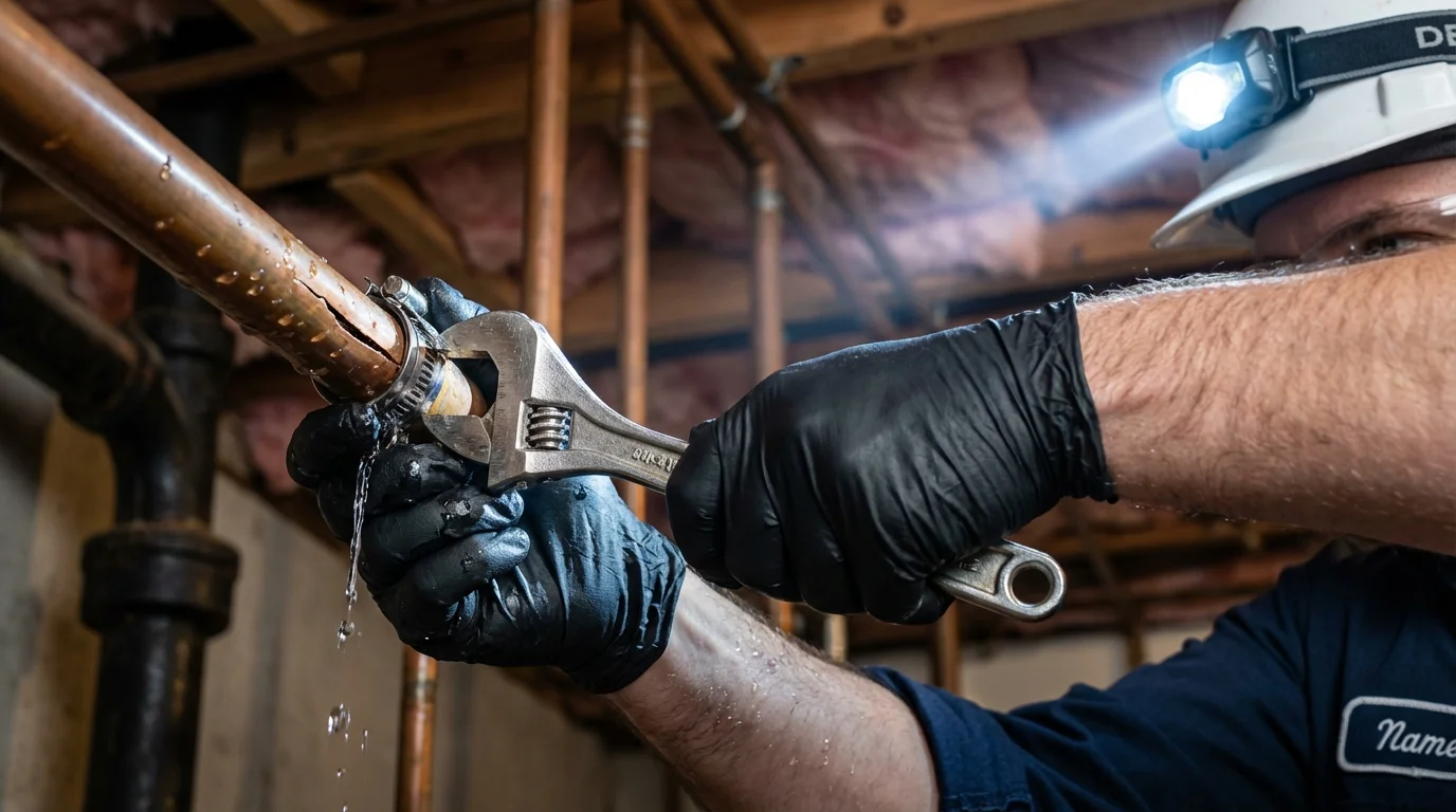 Emergency pipe clamp repair being performed by a Johns Plumbing LLC plumber in Angola