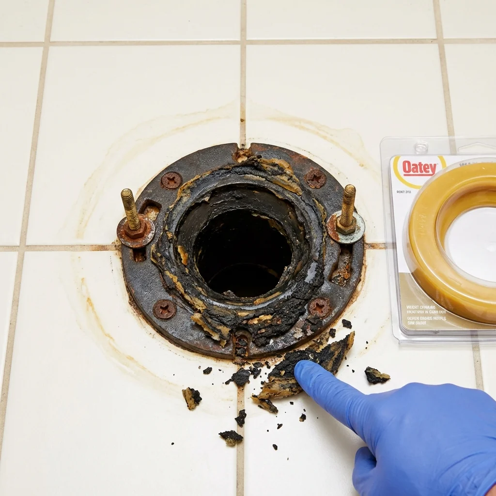 Failed wax ring showing water seepage at the base of a toilet in a Angola, IN home