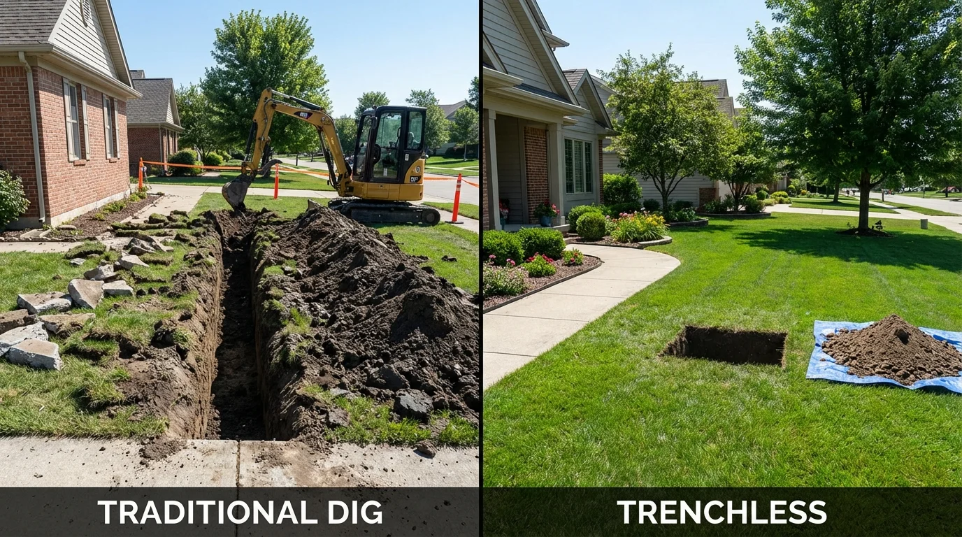 Trenchless sewer repair with minimal yard damage versus traditional excavation in Angola, IN